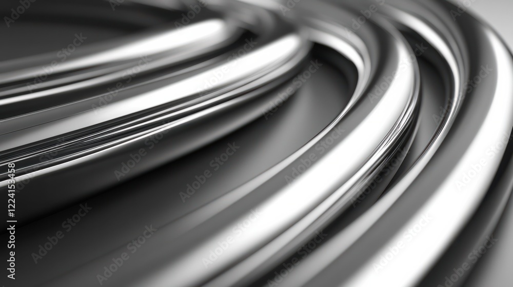 Poster intersecting metallic lines and curves, rendered in 3d with a glossy chrome finish, on a sleek gradi