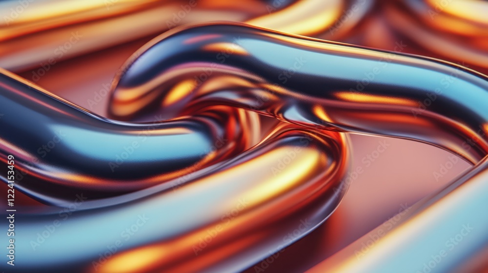 Poster intersecting metallic lines and curves, rendered in 3d with a glossy chrome finish, on a sleek gradi