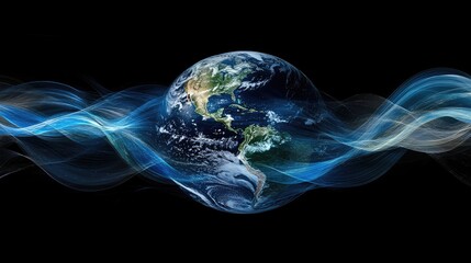 Abstract image of Earth enveloped by data waves, highlighting global connectivity, digital networks, and the influence of technology in today world