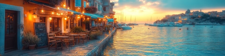 Obraz premium Sunset over the charming harbor town, with colorful buildings and boats at golden hour, creating a peaceful and idyllic scene.