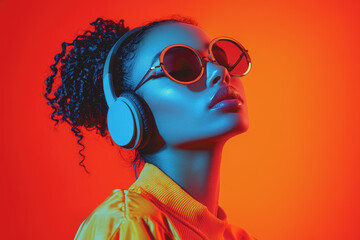 Woman wearing headphones and sunglasses enjoying music outdoors in a sunny environment with a relaxed and carefree attitude captured in a vibrant lifestyle setting