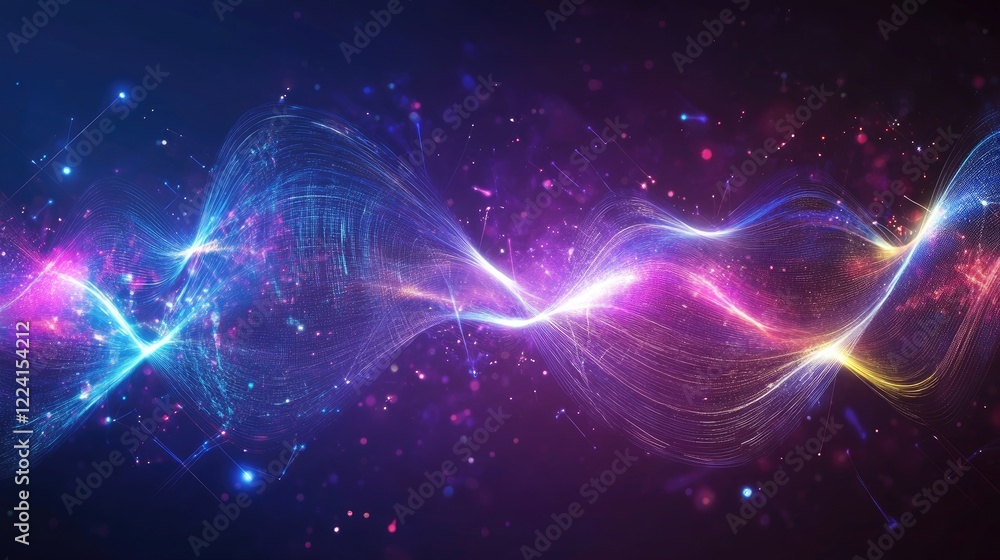 Poster Abstract visual of gravity and magnetic energy balanced in harmony, with flowing lines and glowing waveforms pulsating across the composition