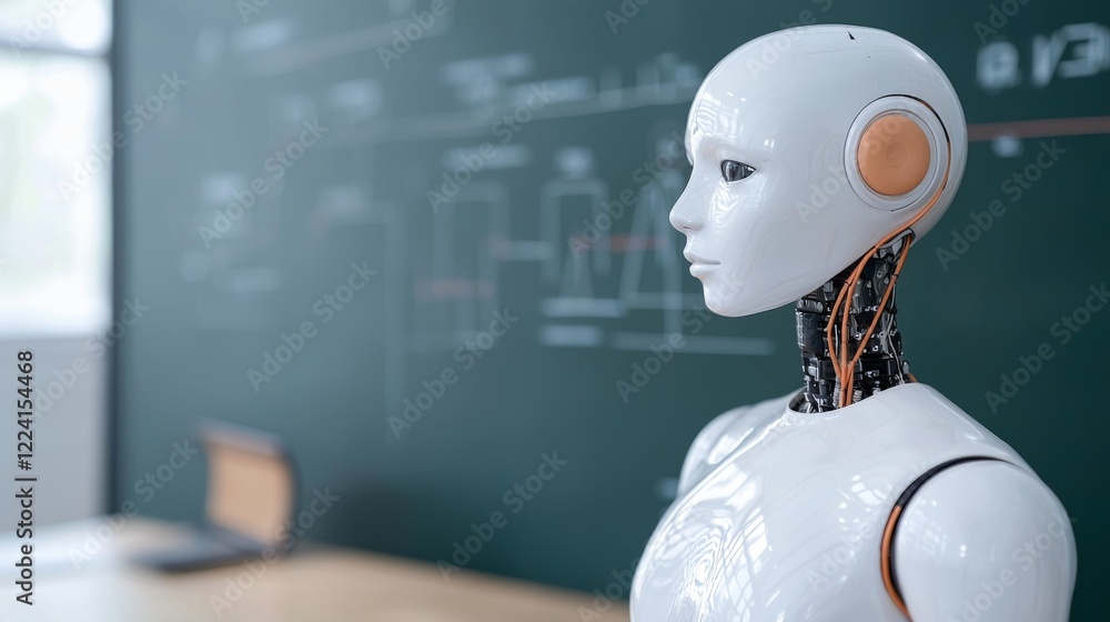 Poster a humanoid robot stands in front of a chalkboard, showcasing advanced technology and design in a mod