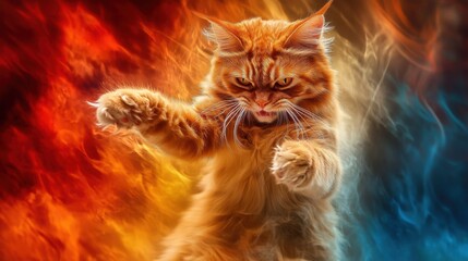 Naklejka premium Fiery Feline Fury A Majestic Maine Coon Cat Amidst Blazing Inferno