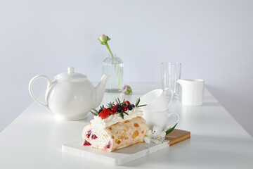 Meringue roll, concept of tasty and delicious food