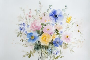 Obraz premium A romantic collection of watercolor floral bouquets with pastel pink, blue, and yellow blooms, perfect for wedding stationery.