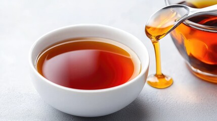 Maple syrup pouring into bowl, kitchen setting, food photography, recipe ingredient