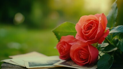 Romantic Pink Roses with Vintage Photos on Wooden Surface in Soft Natural Light