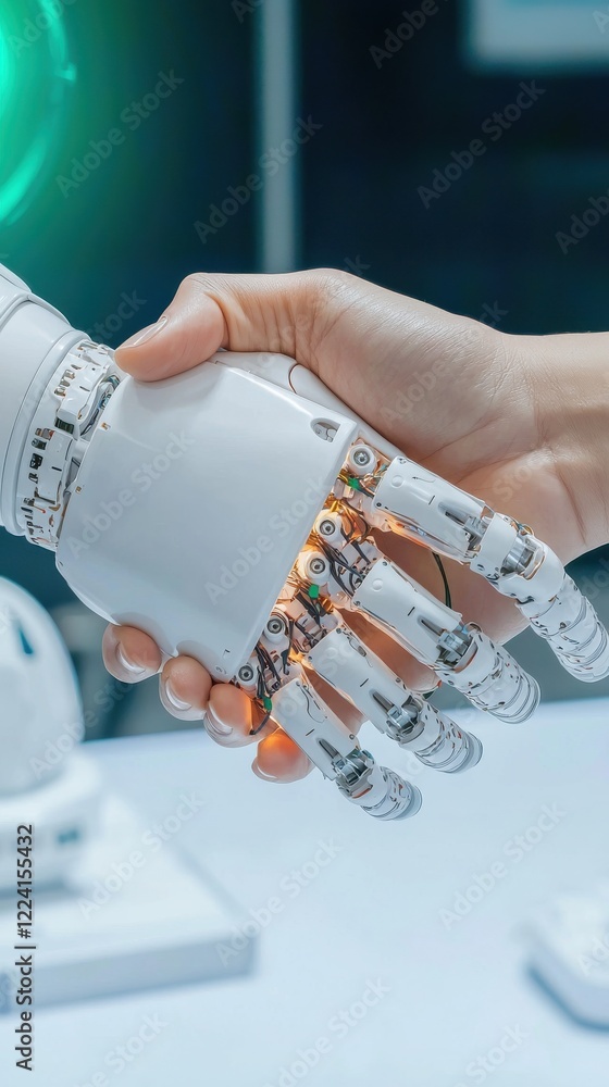 Poster futuristic handshake between human and robot arm in robotics lab closeup view of innovative prototyp