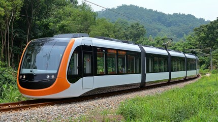 Naklejka premium Modern Tram in Lush Green Mountain Landscape