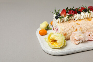 Meringue roll, concept of tasty and delicious food