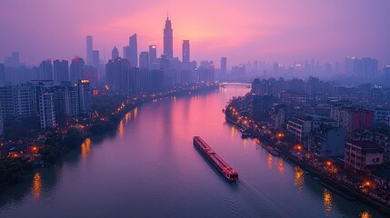 Fototapeta premium Serene Cityscape at Dawn: A Boat Navigates the Purple River