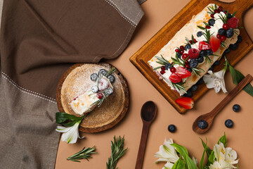 Meringue roll, concept of tasty and delicious food