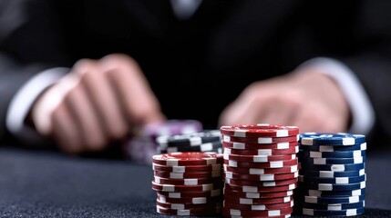 Naklejka premium Stacks of colorful poker chips sit on a dark table as a player in a suit prepares to place a bet in a casino.