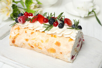 Meringue roll, concept of tasty and delicious food