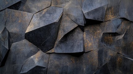 Black geometric stone shapes with rich textures, illuminated by subtle lighting effects, creating a striking abstract visual composition