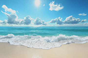 Beach scene featuring a wave crashing onto the sandy shore under a clear blue sky with gentle ocean breeze and distant horizon view