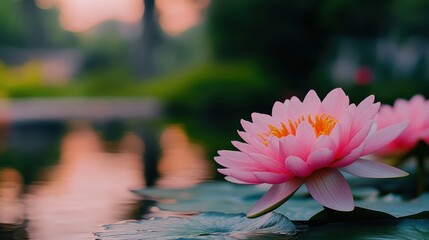 Serene Water Lily Blooming in Tranquil Pond at Sunset with Soft Reflections