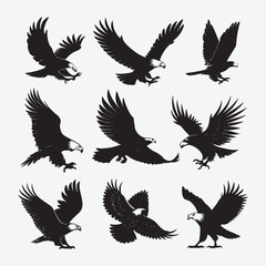 Discover a stunning collection of eagle silhouette vectors in clean black on a white background. Perfect for logos, apparel, and graphic projects