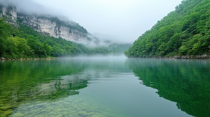 Serene Mountain Lake Reflection in Misty Morning