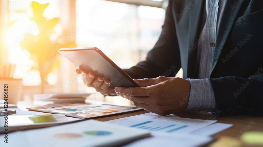 Poster Business planner with tablet, managing event reminders and scheduling tasks using digital calendar planner at the office desk
