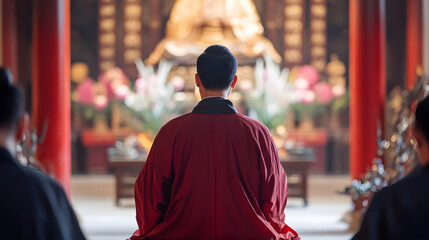 Monk Meditating Inside Ornate Buddhist Temple Interior with Spiritual Ambiance : Generative AI