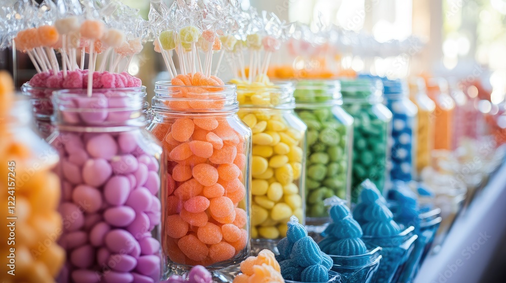 Poster Candy jars filled with a variety of sweets in a rainbow gradient, creating a colorful and visually appealing candy buffet display
