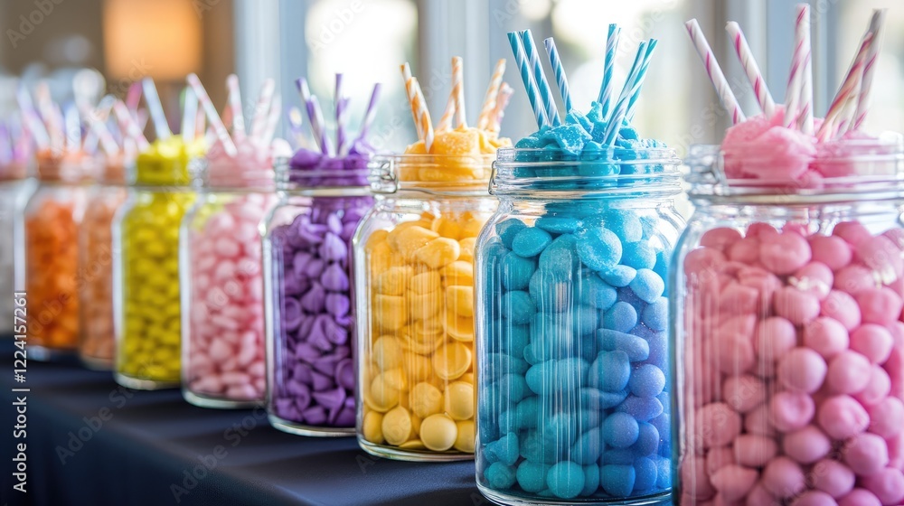 Aufkleber Candy jars filled with a variety of sweets in a rainbow gradient, creating a colorful and visually appealing candy buffet display