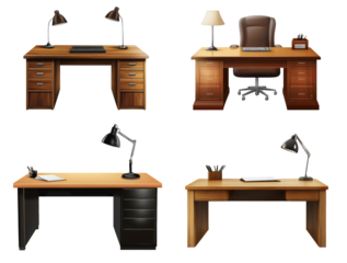 The image shows four different styles of wooden office desks each featuring various office supplies, such as lamps, keyboards, and notebooks.