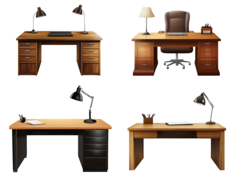 The image shows four different styles of wooden office desks each featuring various office supplies, such as lamps, keyboards, and notebooks.