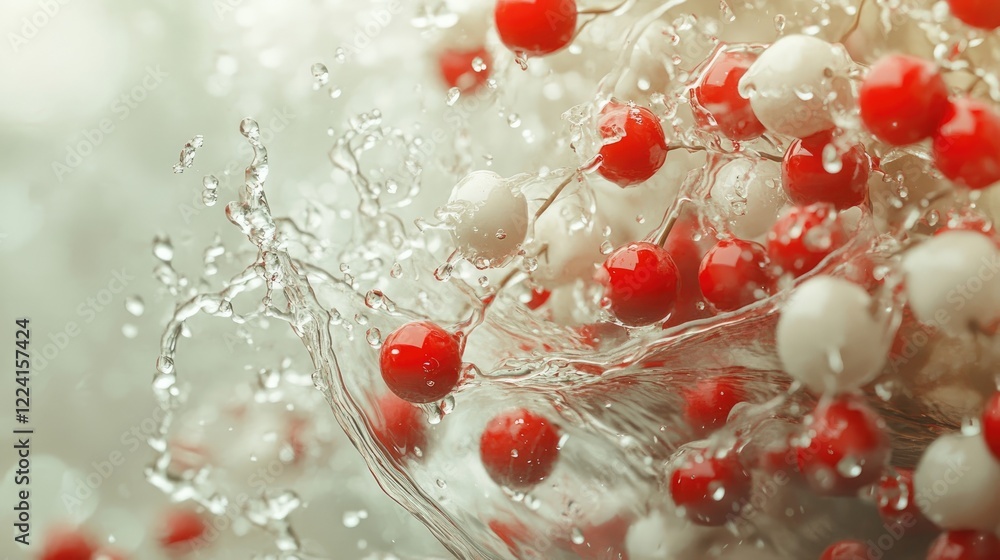 Poster cascading water splashes surround levitating red and white berries, capturing a dynamic and refreshi