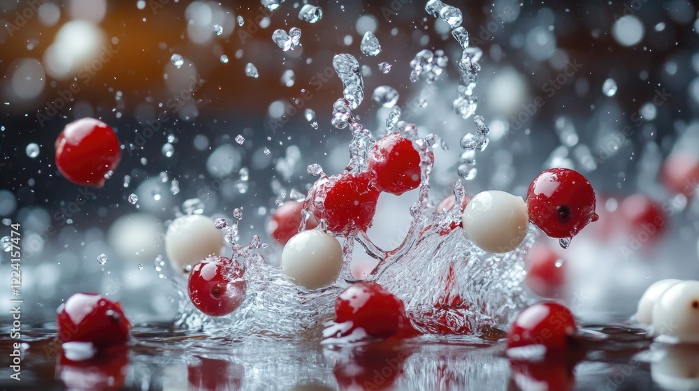 Poster Cascading water splashes surround levitating red and white berries, capturing a dynamic and refreshing energy in a visually striking and lively scene