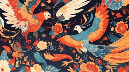 Folk art-inspired illustration featuring intricate patterns and vibrant colors for a traditional aesthetic