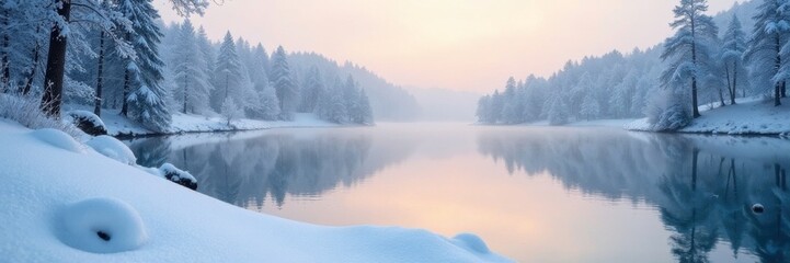Fototapeta premium Softly falling snow covers a frozen lake in the morning, water, peaceful