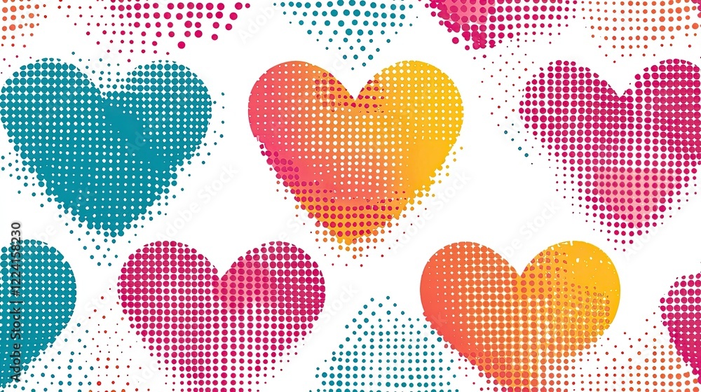 Fototapete colorful and graphic ben-day dot hearts creating a dynamic seamless repeat pattern.