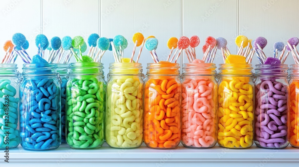 Poster Colorful candy buffet featuring jars filled with sweets arranged in a gradient of colors, creating a vibrant and inviting candy display