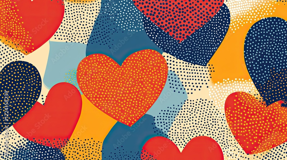 Fototapete colorful and graphic ben-day dot hearts creating a dynamic seamless repeat pattern.