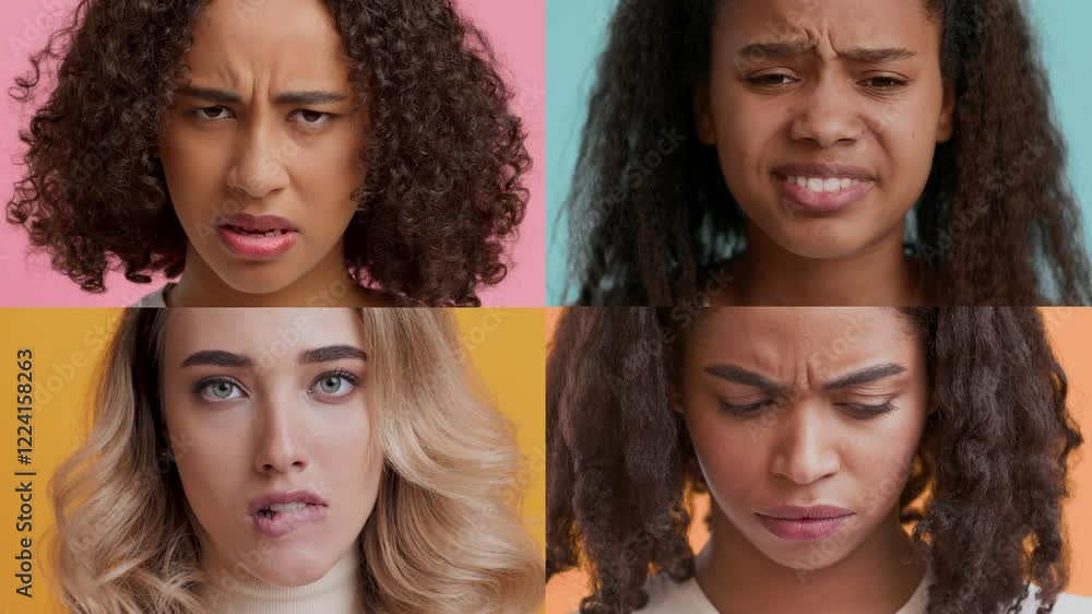 Poster four individuals display a range of emotions, including sadness and frustration. each person shows u