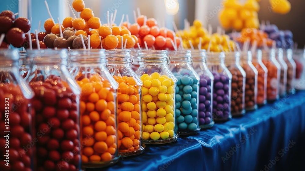 Poster Colorful candy buffet featuring jars filled with sweets arranged in a gradient of colors, creating a vibrant and inviting candy display
