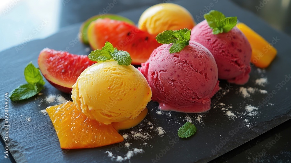 Poster colorful fruit ice cream scoops served on a slate board, garnished with mint leaves and fruit slices