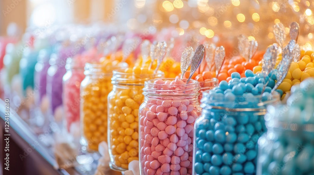 Poster Colorful candy buffet featuring jars filled with sweets arranged in a gradient of colors, creating a vibrant and inviting candy display