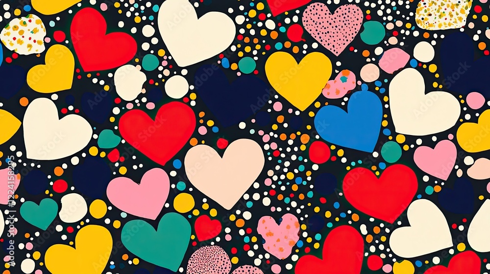 Poster colorful and graphic ben-day dot hearts creating a dynamic seamless repeat pattern.