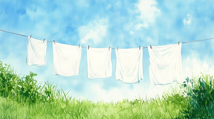 Freshly washed white sheets hanging on a clothesline in a lush green meadow under a bright blue sky, showcasing sustainable living and the beauty of natural outdoor drying