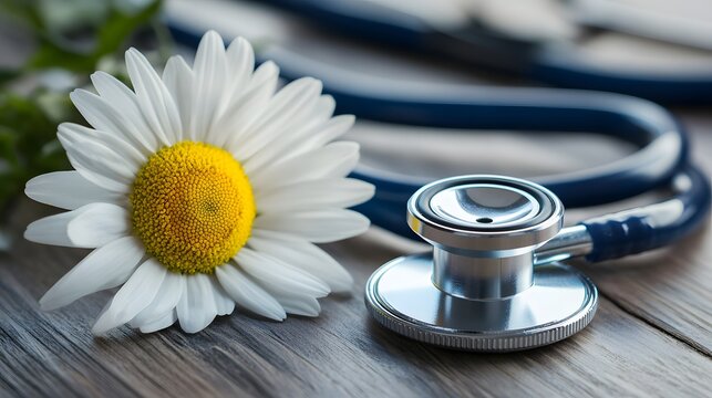 Holistic Healthcare Symbol: A delicate chamomile flower rests alongside a medical stethoscope on a rustic wooden surface.