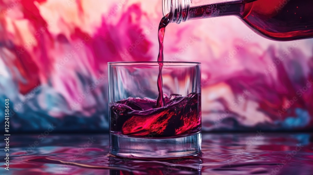 Poster cranberry syrup dripping from a bottle into a clear water glass, with rich red hues creating a color