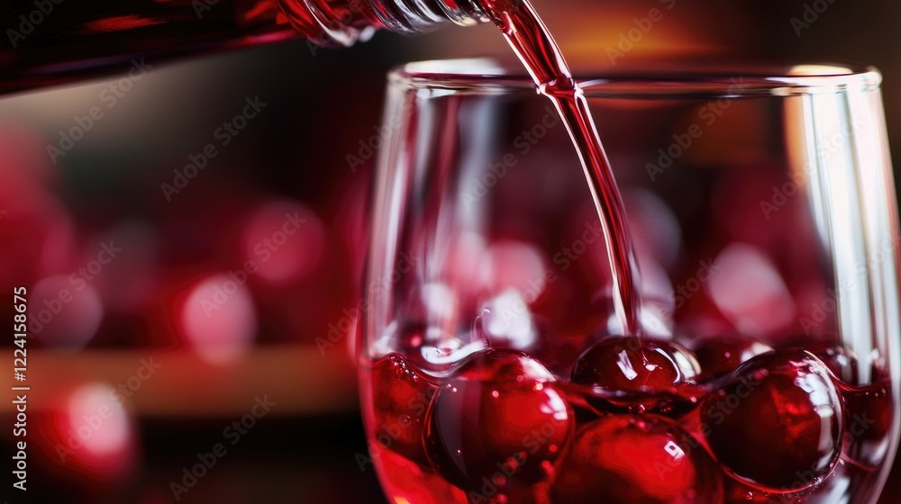 Poster cranberry syrup dripping from a bottle into a clear water glass, with rich red hues creating a color