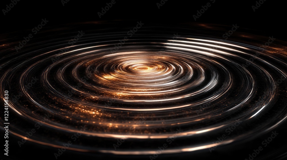 Poster dark void illuminated by luminous concentric circles and rippling vibrations, showcasing the visual 