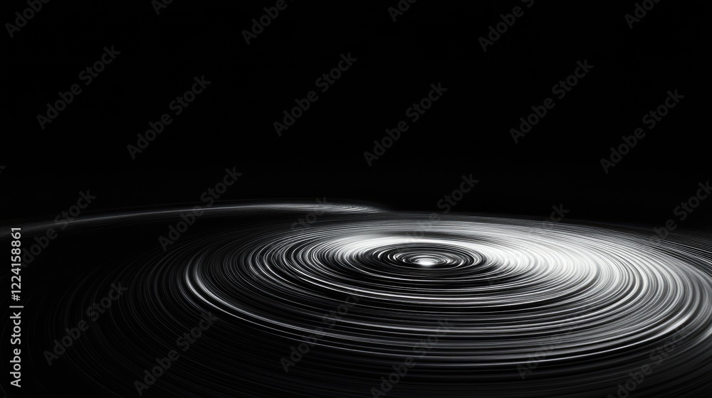 Poster Dark void illuminated by luminous concentric circles and rippling vibrations, showcasing the visual effect of magnetic forces and gravity