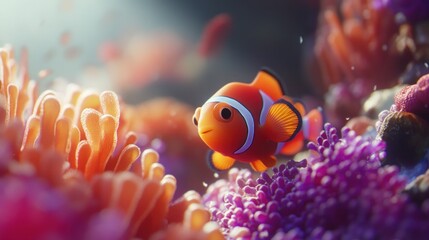 Obraz premium Clownfish swimming coral reef vibrant ocean background aquarium