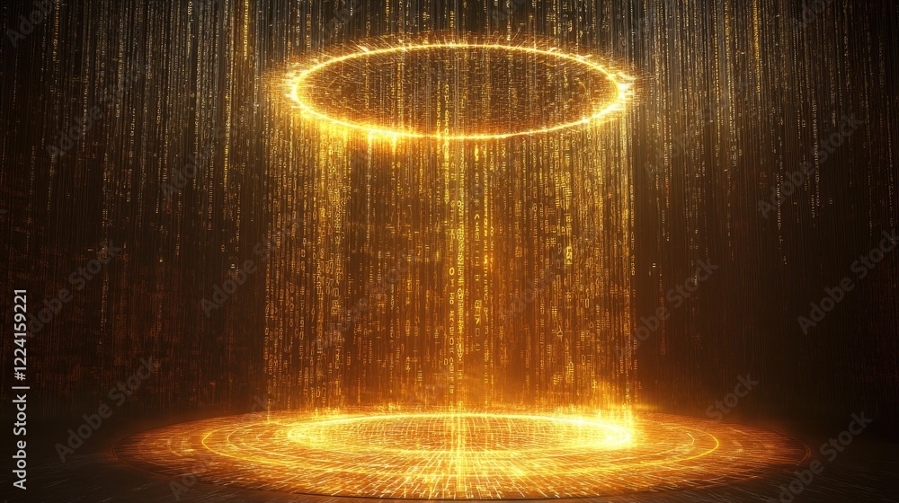Poster Digital space filled with cascading matrix code, anchored by a radiant high-tech portal centerpiece, symbolizing the future of virtual environments